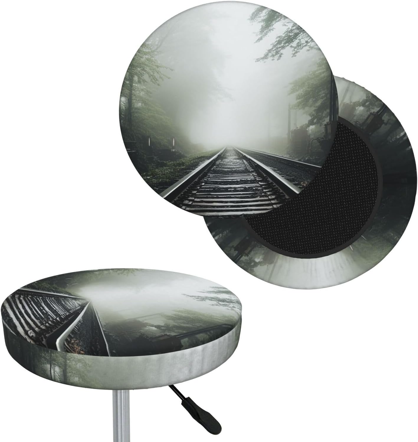 Bar Stool Cover Round Elastic Stool Cushion Covers Railway in The Fog Bar Chair Cover Washable Stool Cushion Slipcover Stretch Stool Seat Covers for 12-14 Inch Chair