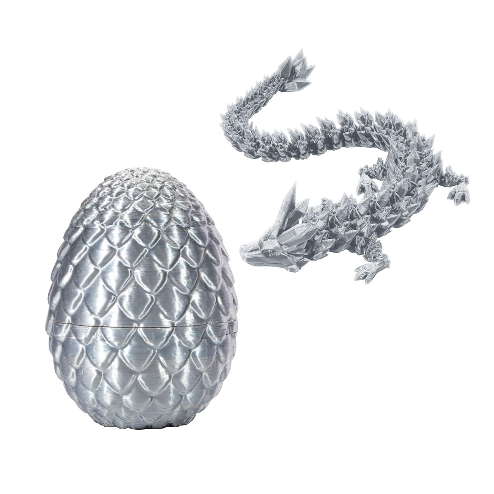 3D Printed Articulated Dragon in Egg - Crystal Dragon Fidget Toy, Home Office Decor Executive Desk Toy for Kids Adults (Silver)