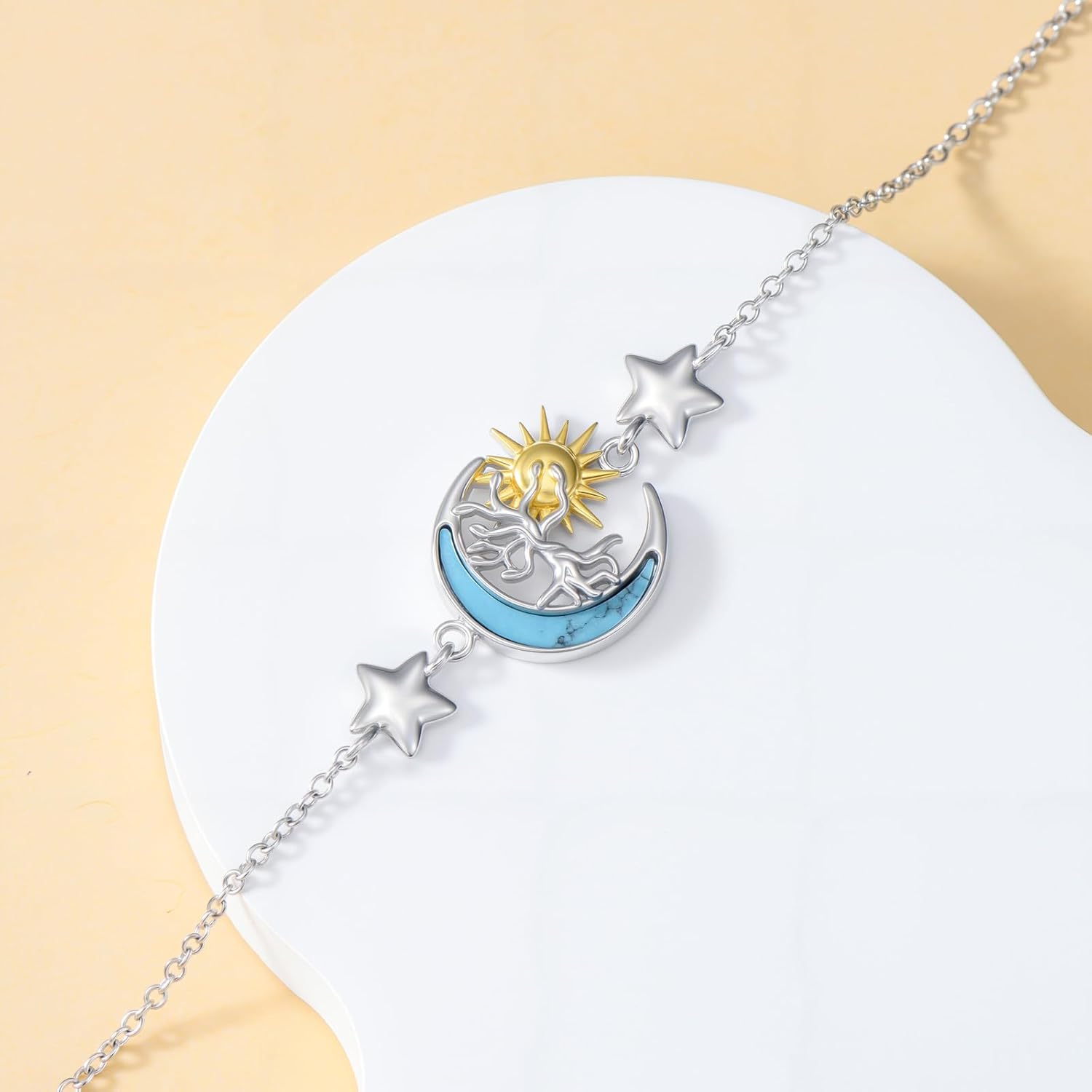PEIMKO 925 Sterling Silver Turquoise Exquisite Tree of Life Bracelet Boho Style Sun and Moon Bracelet Jewelry Gifts for Women Mother - Image 3