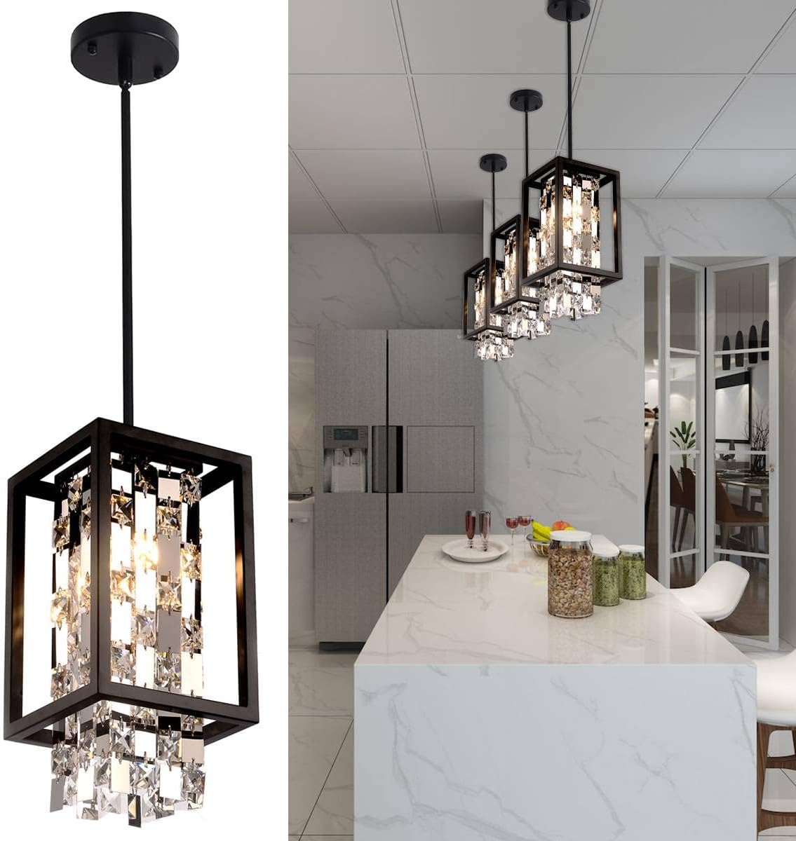 Get Popular Offer BEIRIO Modern K9 Crystal Pendant Lighting with 2-Lights LED Bulbs and Black Rectangle Metal Shade Adjustable Island Light for Restaurant Kitchen Table Bedroom Living Room Dining Room(6.7×13.4 inch)