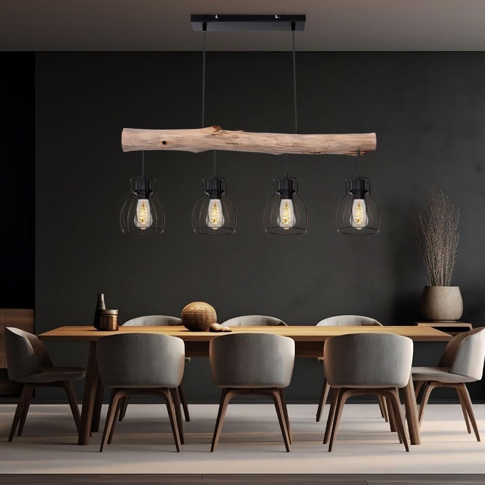 GLOBO Design Decken Hänge Leuchte Holz Balken Pendel Spot Ess Zimmer Retro Gitter Lampe 15326-4N