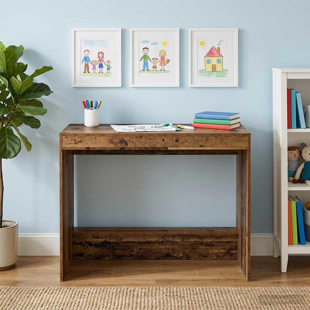 Escritorio para cama de madera recuperada, 100 x 45 x 75 cm, con cajón y estante, como mesa para ordenador portátil para oficina en casa, para dormitorio y estudio