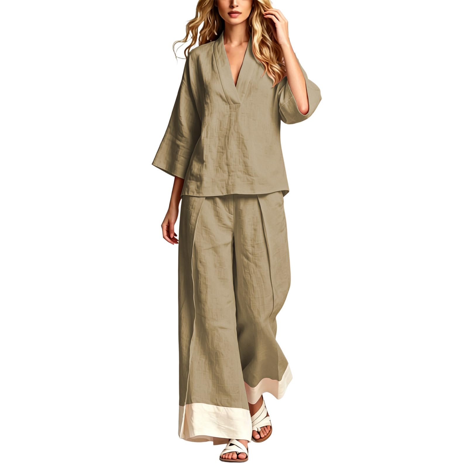 Generisch Damen Sommeroutfit mit französischem Kragen Bluse weiter Hose – leichtes atmungsaktives Set für Reise Büro Freizeit Alltag Date Shopping (Khaki, M)