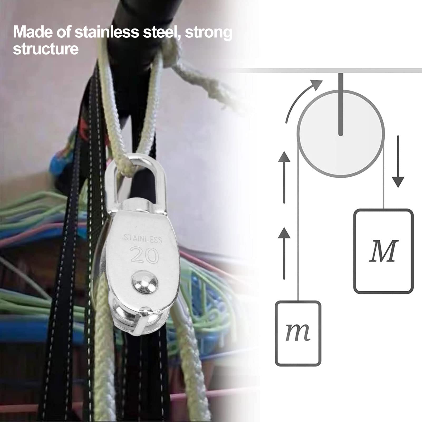 3PCS Single Pulley Block Stainless Steel 360° Rotating M20 Hanging Wire Towing Wheel for Crane