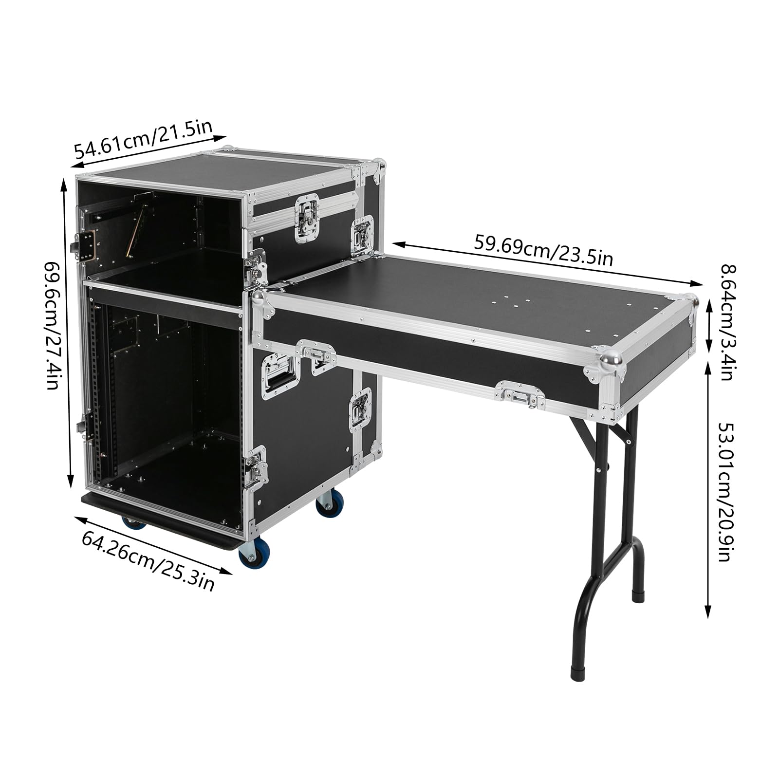PA DJ Rack, 2-Tiers 12U PA Rack/Road Case Top DJ Tables with 4 Wheels Cabinet Network & Stereo Table Rack Free Standing