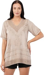 Women's Embroidered Crochet Tunic Top, Short Sleeve, V-Neck, Beige-picture-38