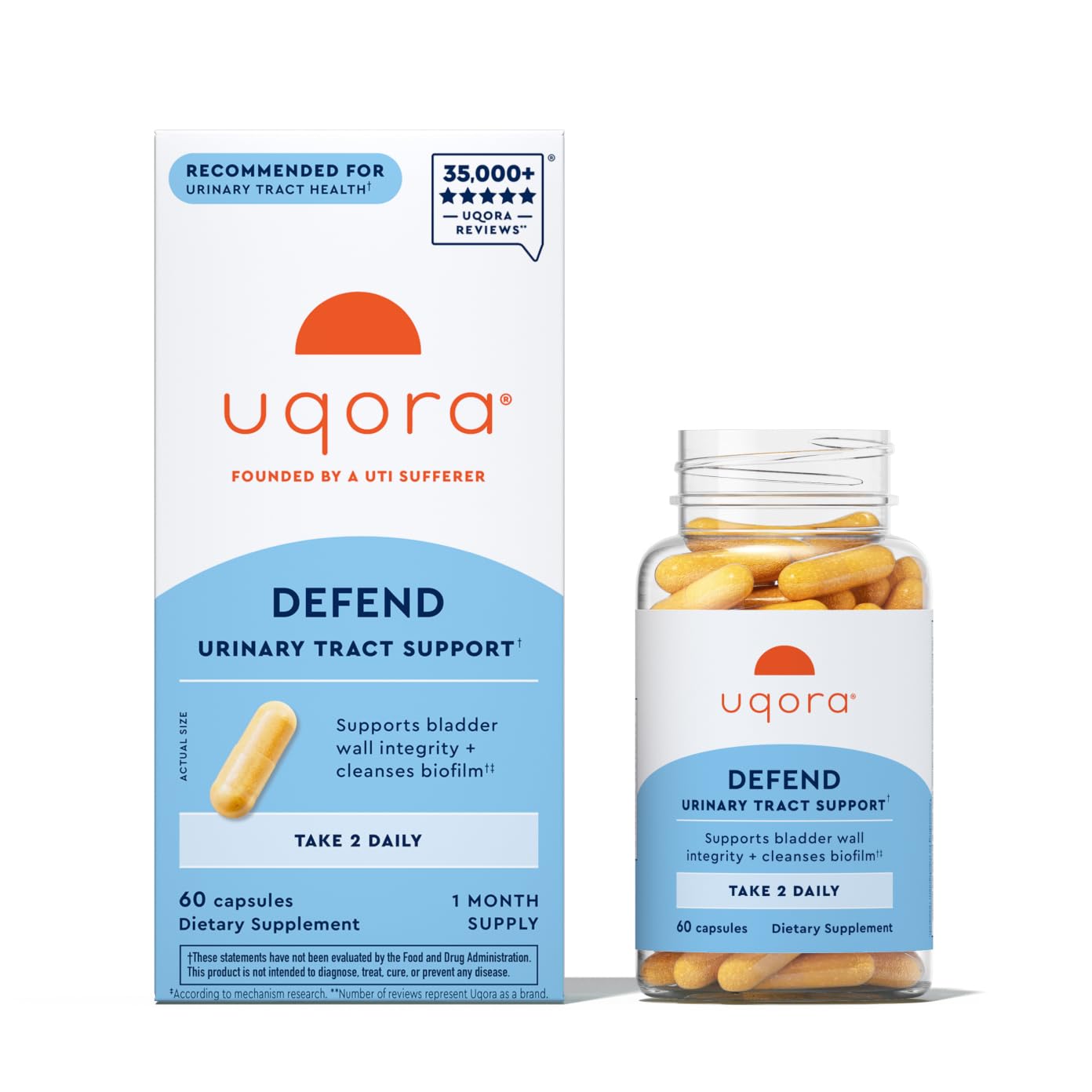 Uqora Defend - Urinary Tract Health Supplement - Support Bladder Health & Cleanse Biofilm* with D-Mannose, Green Tea Extract, Turmeric Extract & More - Gluten-Free - 60 Capsules (30-Day Supply)