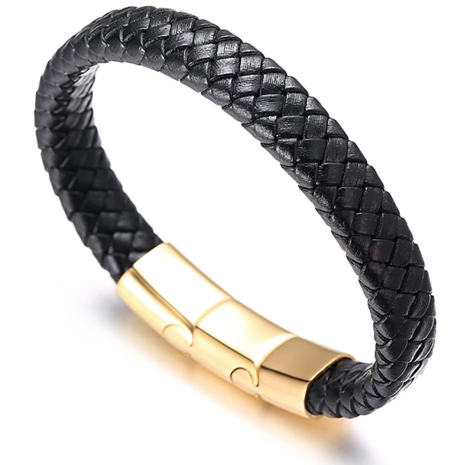 HALUKAKAH● Solo ● Pulsera Hombre Cuero Genuina Marrón/Negro con Cierre Magnético Titanio Acero Inoxidable Oro/Plata Tamaño Ajustable 8.46"-9"(21.5-23cm) con Caja de Regalo