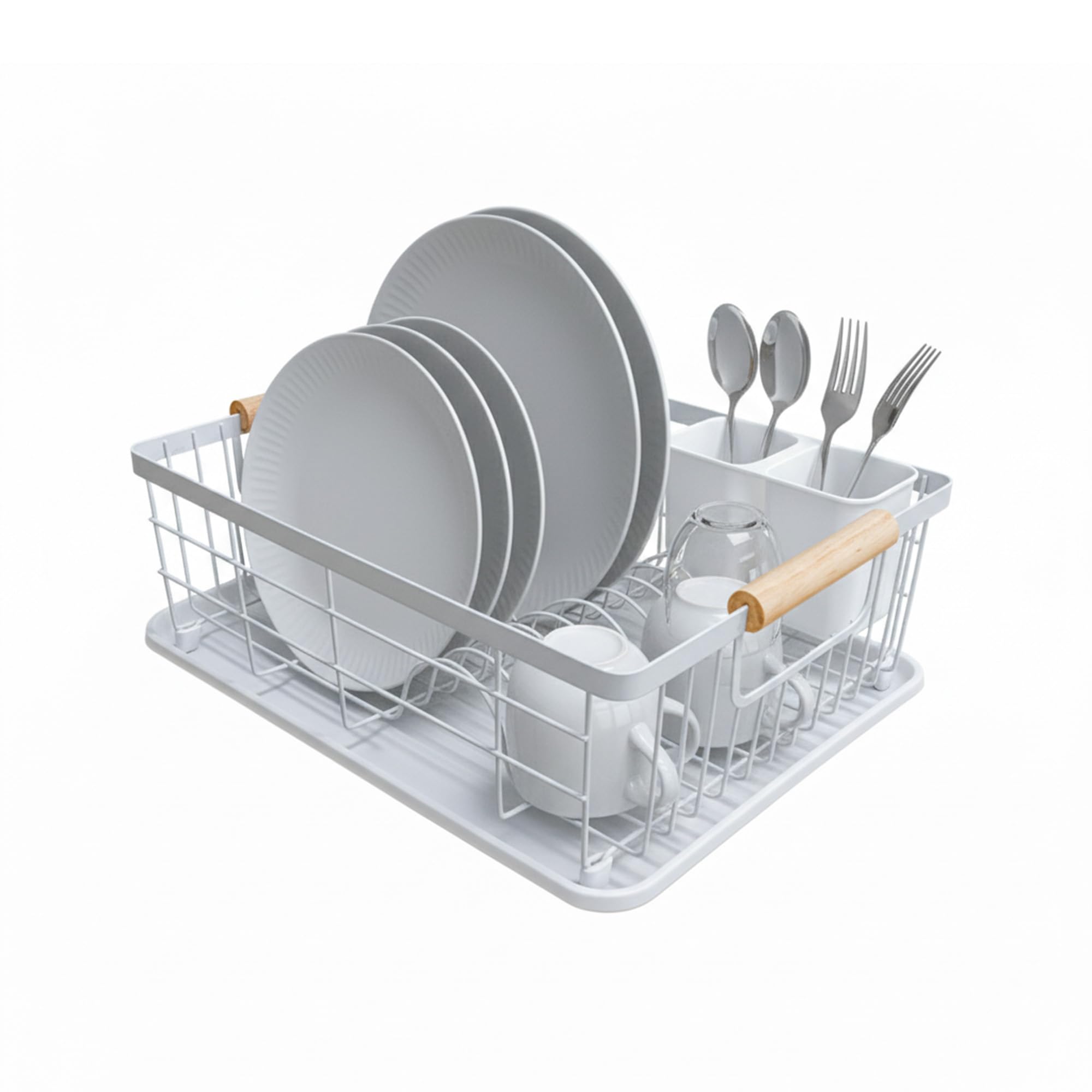 Amig - Scolapiatti Graz | 42 x 31,5 x 15 cm | Acciaio con manico in legno | Colore bianco | Scolapiatti con vassoio antigoccia e supporto per posate, capacità 10 piatti e 6 bicchieri | Design moderno