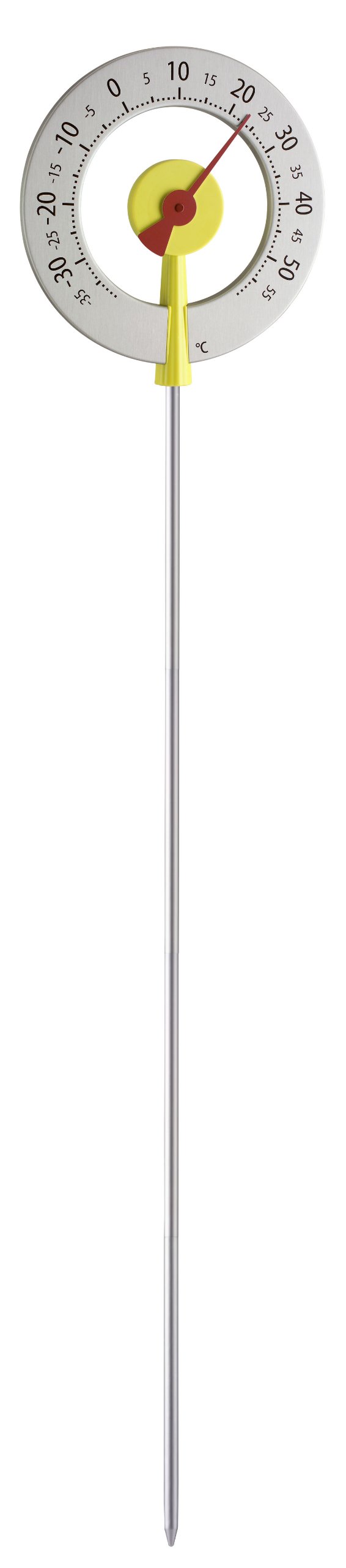 TFA Dostmann Analoge design tuinthermometer LOLLIPOP, 12.2055.07, voor buitentemperatuur, weerbestendig, met deelbaar staaf, aluminium geeloxeerd, zilver/geel, (L) 240 x (B) 55 x (H) 950 mm