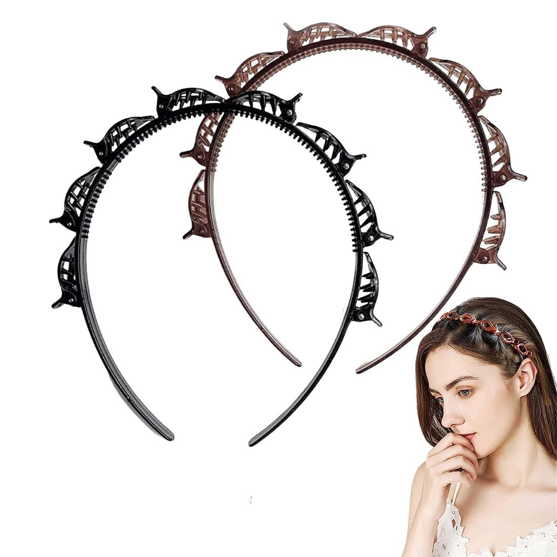 2 Pcs Cerchietti Per Capelli Con Fermagli Cerchietto A Forcina Fermagli Per Capelli Intrecciati Doppia Frangia Forcine Per Acconciatura(Nero,Marrone Scuro)