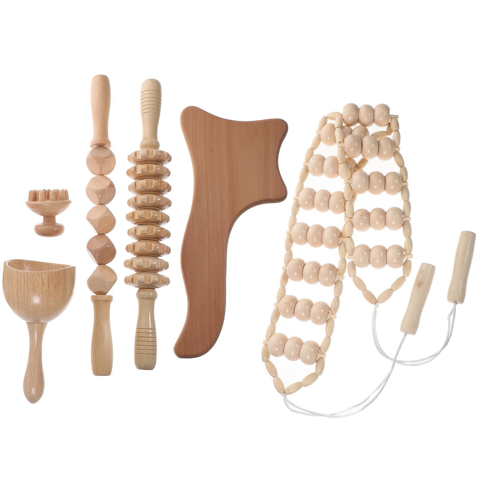 minkissy 6Stücke Massagewerkzeug aus Holz Teiliges Maderotherapie Kit für Muskelentspannung Holzrollen Konturbrett und Massagetafel für Nacken Schulter und Körperpflege