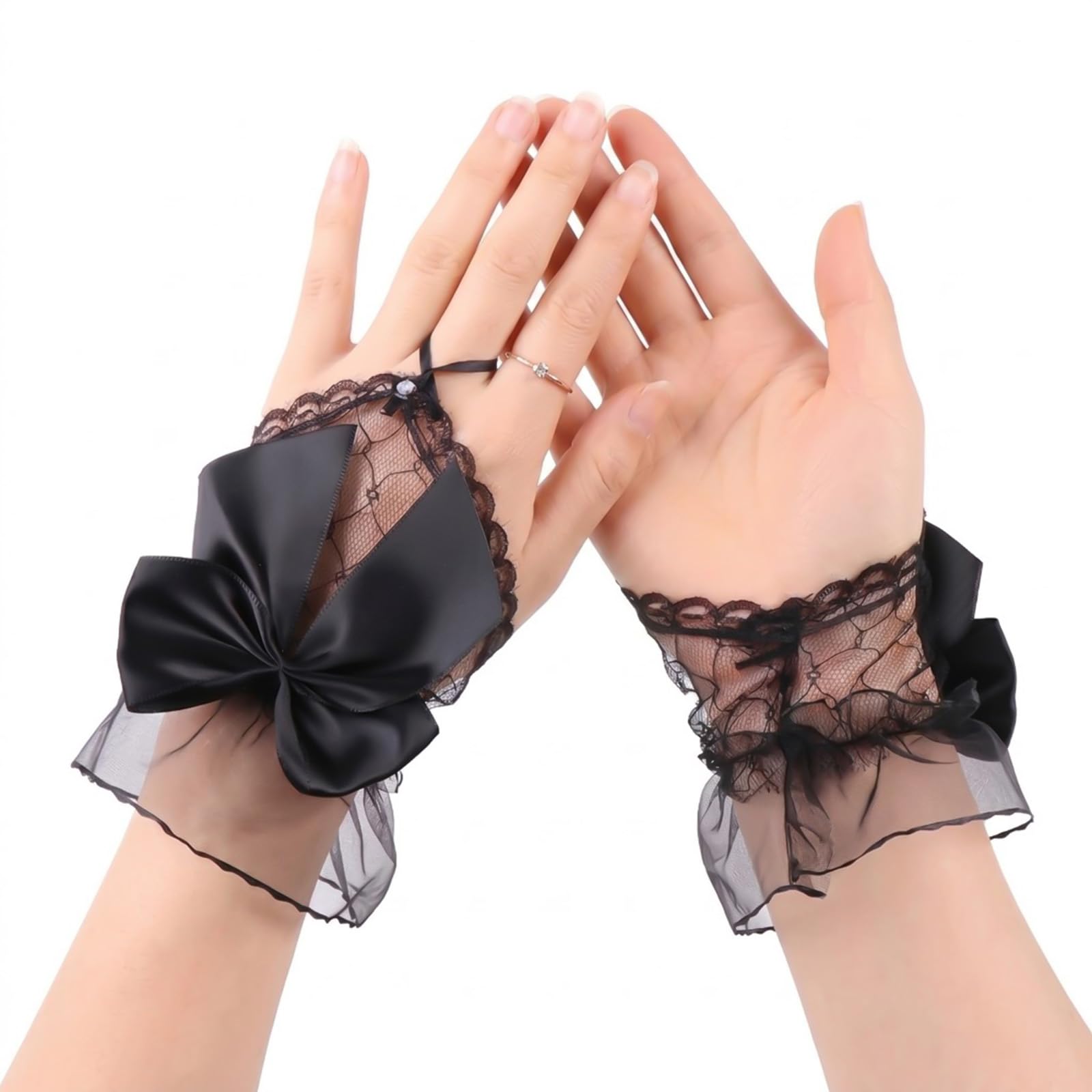 Shentu Stitched Ribbon Bows Black Lace Gloves Women Fingerless Mesh Sheer Dress Gloves Anti Fray Elastic Soft Opera Evening Gloves for Wedding Tea Party