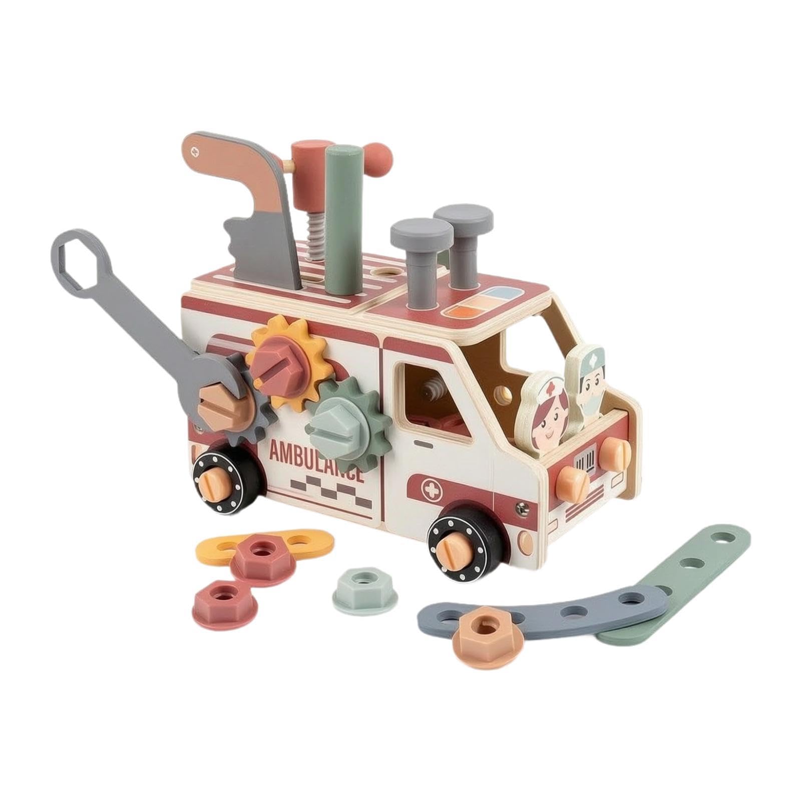 Kinderwerkzeugset, Pädagogisches Konstruktionsspielzeug Aus Holz, Werkzeugset für Kinder, Jungen Und Mädchen, Krankenwagen