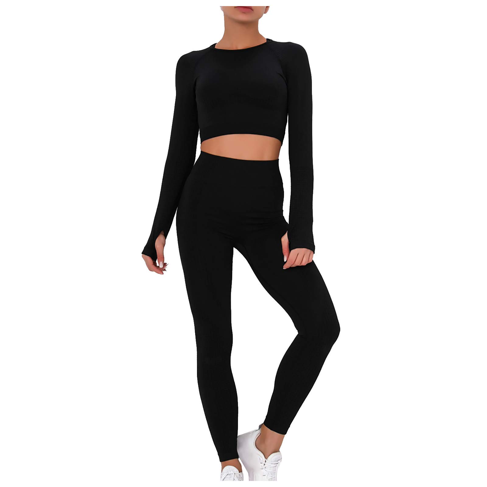 Workout for Women 2 Piece Sets Ribbed Yoga Long Sleeve Crop Tops High Waist Leggings Athletic Tracksuit Set