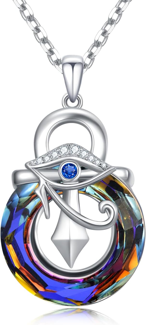 Eye of Horus Necklace for Women 925 Sterling Silver Ankh Cross Necklaces Egyptian Eye Crystal Pendant Religious Jewelry Birthday Mother's Day Gifts for Her Women Mom Wife Daughter