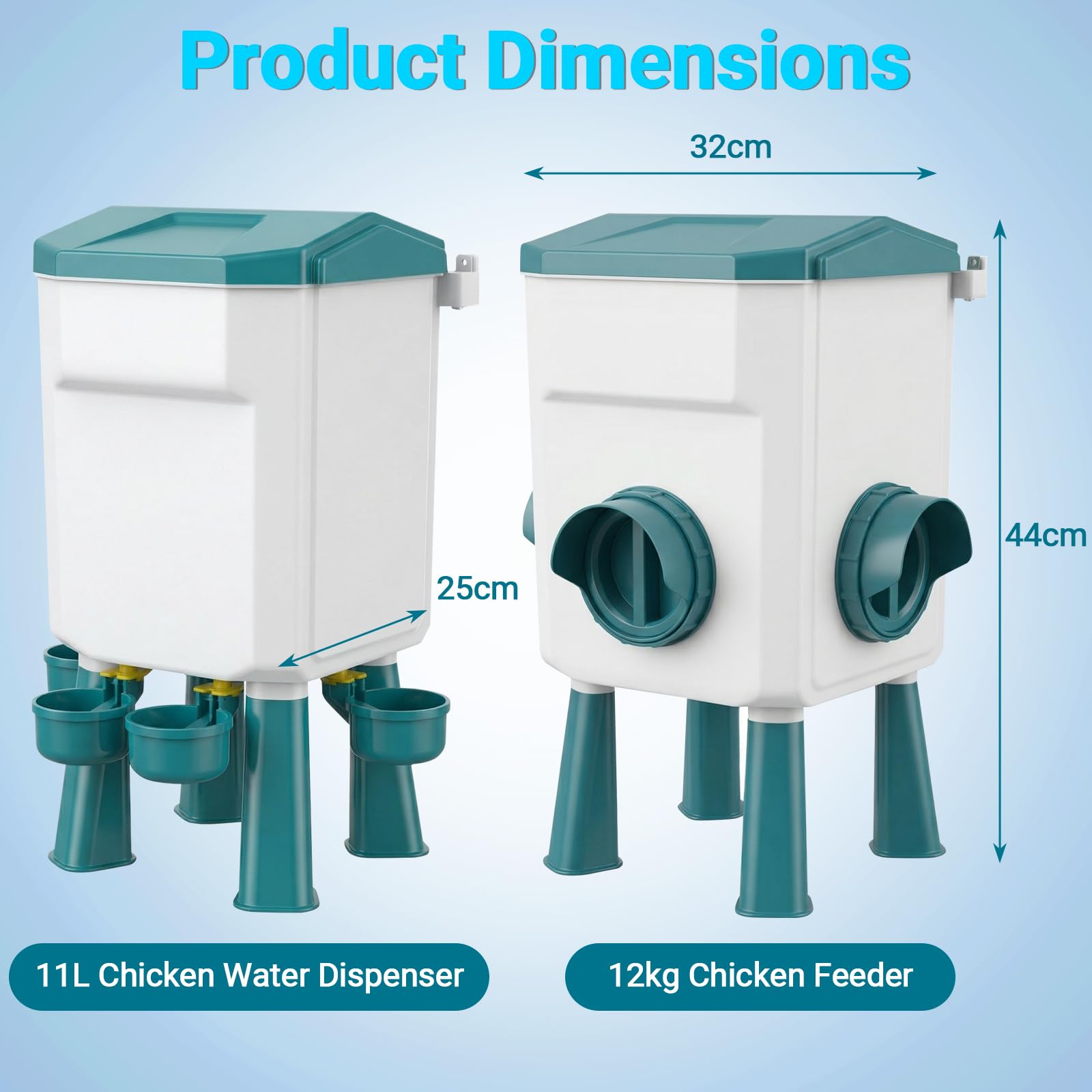 Comedero de pollo de 12 kg y dispensador de agua de pollo de 11 L, comederos y bebedores de pollo con 15 anillos de patas de pollo y ganchos en S, alimentador automático de aves de corral con patas