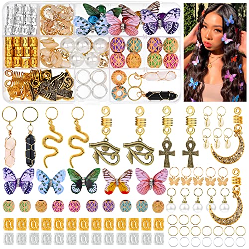 140pcs Hair Jewelry for Hair Braids Butterfly Dreadlock Accessories Hair Accessories for Braids Loc Jewelry for Hair Beads for Women Crystal Pendant Wooden Beads Braid Accessories