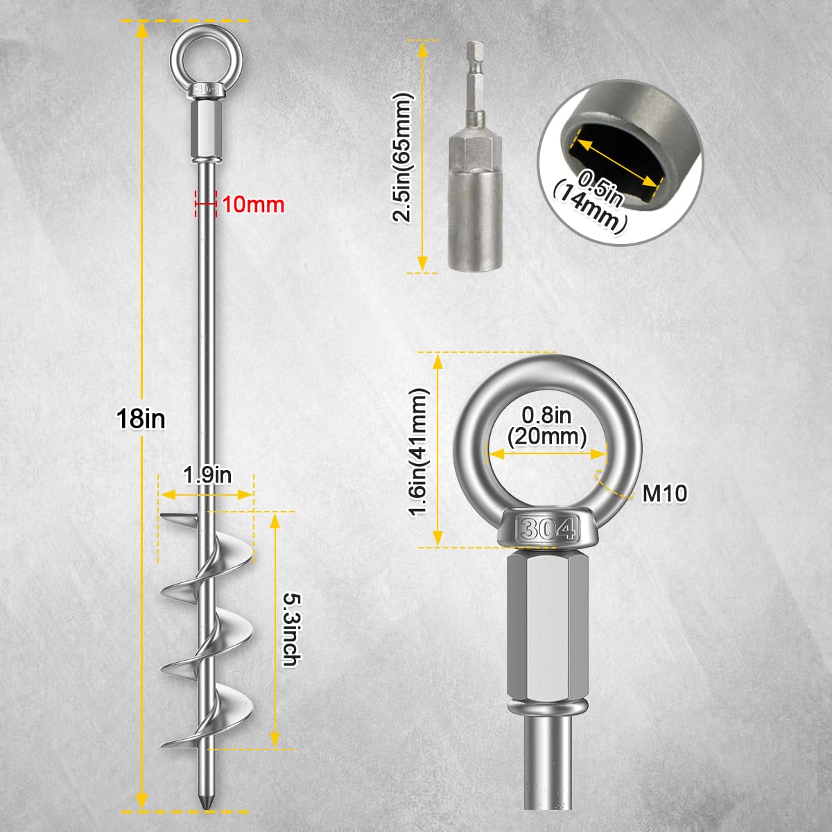 Anmento - Kit di ancoraggi resistenti da 45,7 cm, 2 pezzi, set di ancoraggi cromati per trampolini, gazebo, tettoie, capannoni, ancoraggi in acciaio per il fissaggio di vento forte; picchetti a