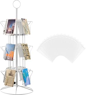 12 Pockets Countertop Rotating Greeting Card Rack with 200 Clear Resealable Polypropylene Bags 3 Tier Metal Display Stand Spinning Floor Stand Pocket Rotating Holder for Stickers Showcase (White)