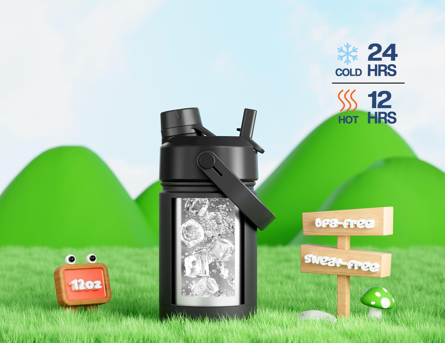 POWCAN 2 Pack 12 oz Kids Insulated Water Bottle for School: Leakproof, 2-in-1 Straw Spout Lid, BPA-Free, Keep Cold 24 Hrs, Stainless Steel Cup for Sports, Travel, Gift for Girls Boys Daughters Sons - Image 3