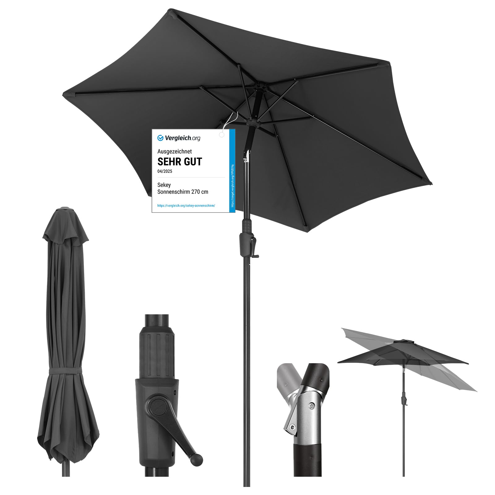 Sekey 220 cm Sonnenschirm mit Kurbel und Auto Kippen,Marktschirm für Terrasse,Balkon & Garten,Windfest Stabil UPF 50+