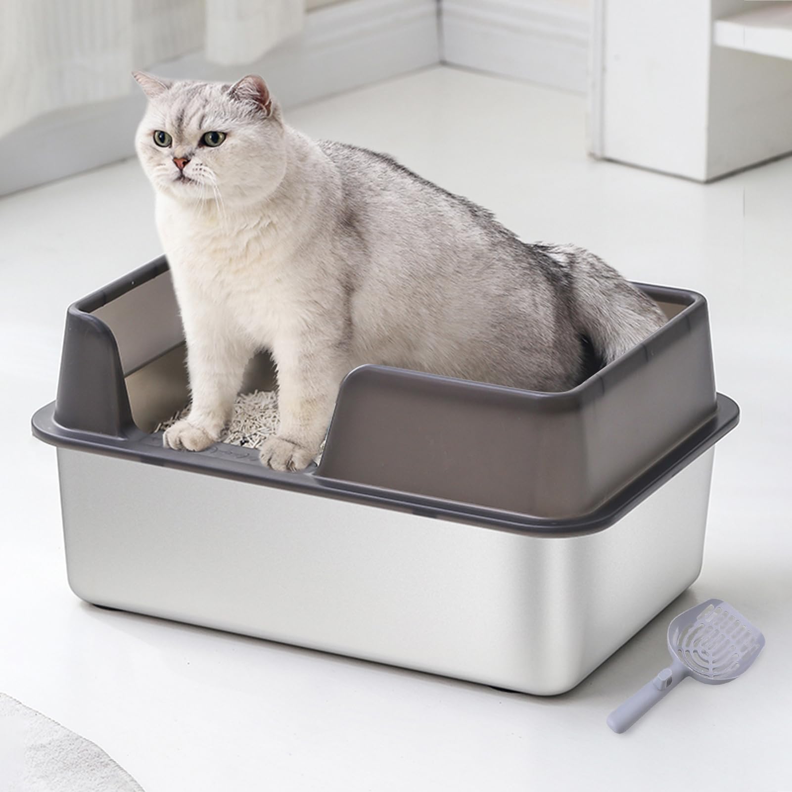 Elprico Stainless Steel Cat Litter Box,19.7 X 13.8 X 9.8in Open Top High Side Metal Cat Litter Box with Scoop,Metal Cat Litter Box for Multi Cats Big Cats (Large Black)