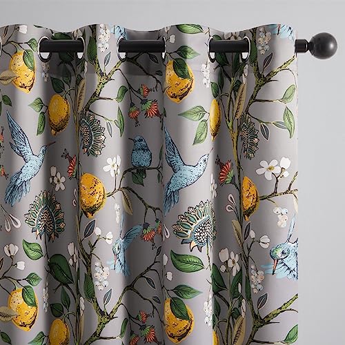 Image of Topfinel Gray Patterned Curtains 96 Inch Long for Living Room, Bedroom Blackout Elegant Vintage Botanical Floral Hummingbird Drapes Grommet Window Treatments for Sliding Door 2 Panel 96 Inch Length