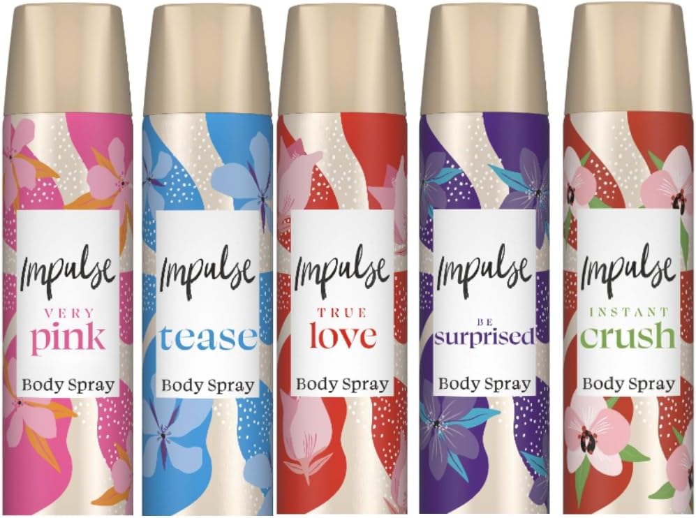 Impulse Body Spray 75ml 5-Pack Gift Set – Tease, Very Pink, True Love, Be Surprised & Instant Crush – Women’s Fragrance Sprays – Packed by Black Nore Gifts