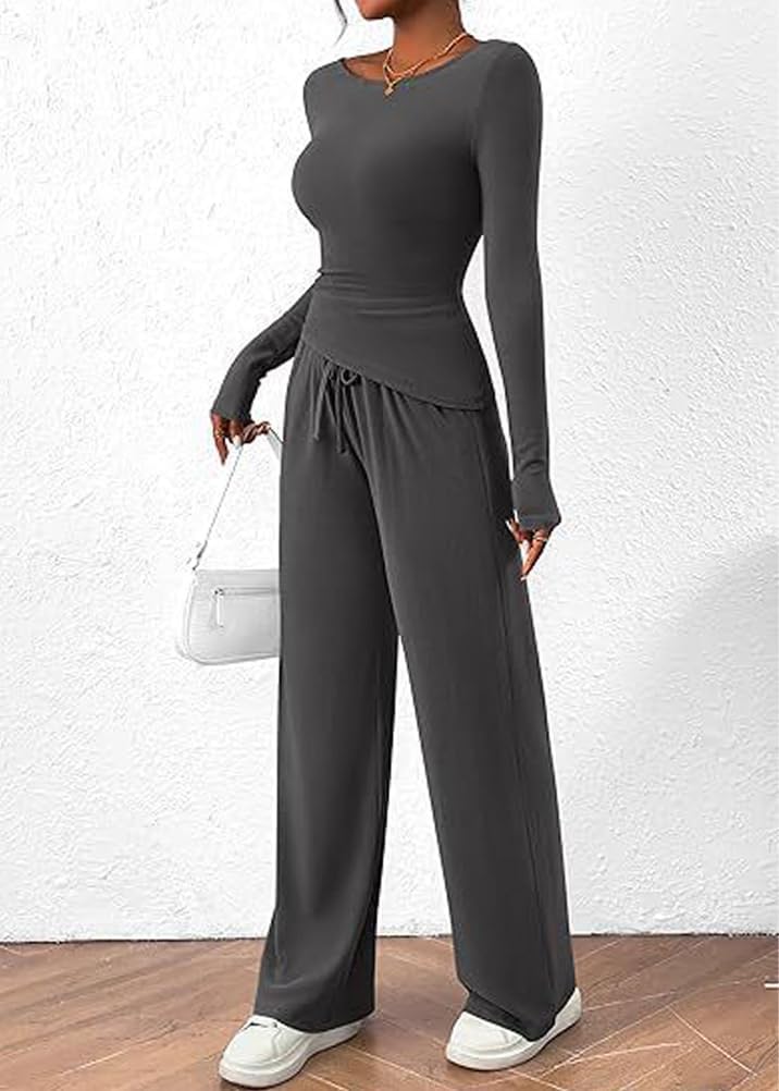 Tuta Donna 2 Pezzi In Maglia Costine - Top Maniche Lunghe E Pantaloni Larghi Vita Alta