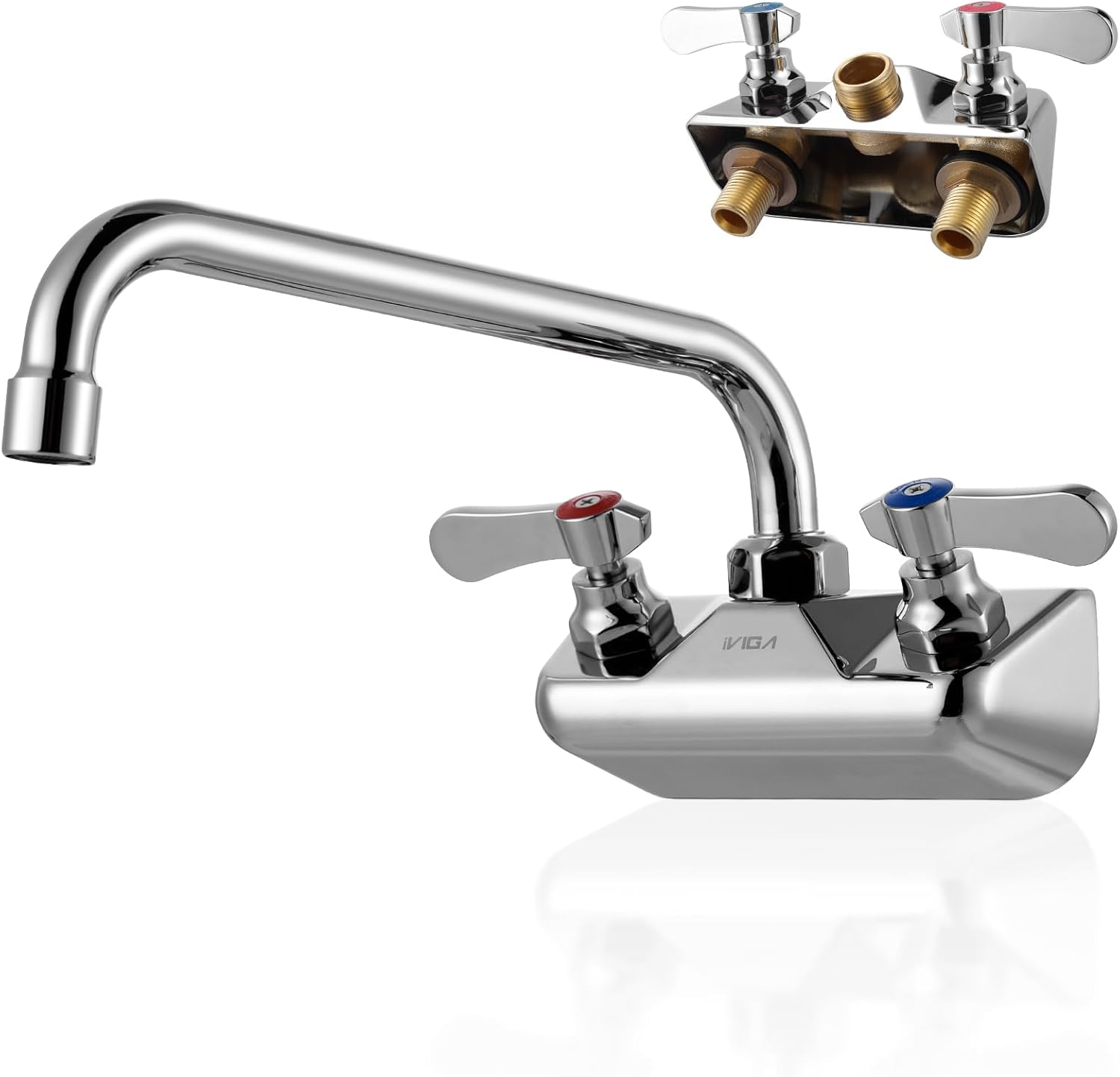 Commercial Hand Sink Faucet: 10" Swivel Spout 4'' Center Wall Mount Utility Faucet, Brass Constructed with 360° Swivel Spout, Dual Lever Handles, Restaurant/Laundry/Bar/RV, Chrome Polished