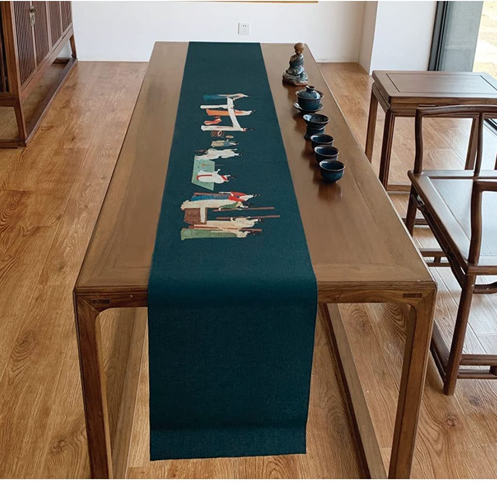 Centro Mesa Camino De Mesa Algodón Y Lino Único Estilo Chino Ángulo Plano Bandera Té Lateral Cama Retro Moderna Decoración Camino(Blue,85 Inches)