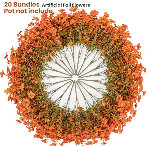 Lnoicy 20 Bundles Artificial Fake Mums for Outdoor Fake Plants for Autumn Decoration,Faux Eucalyptus Flowers for Planter UV Resistant Lifelike for Home Porch Garden (Fall Orange) — view 4