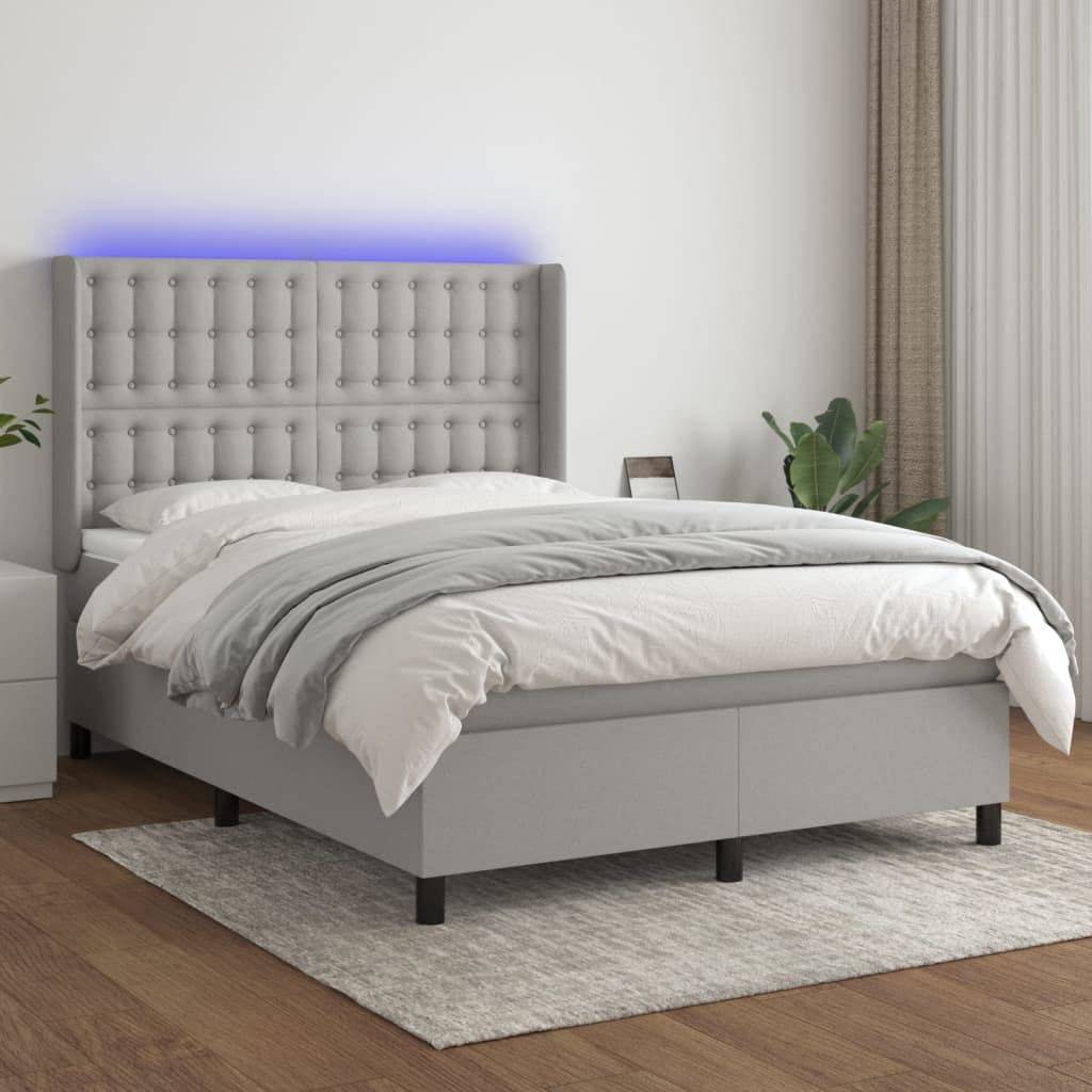 tkanina z regulowanym zagłówkiem LED 140x200 szary | Łóżko kontynentalne z materacem 140x200 jasnoszare z zagłówkiem i LED, tkanina, sprężyny kieszeniowe, regulowana wysokość, do