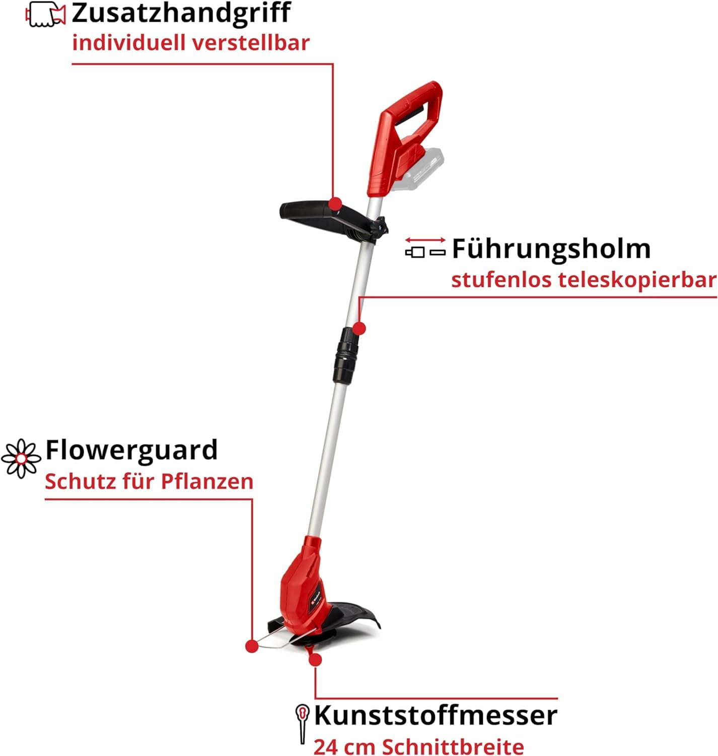 Einhell Rasentrimmer GC-CT 18/24 Li – Solo Power X-Change (18 cm, Li-Ion, 24 cm Schnittbreite, Einstellbarer Teleskop-Führungsholm, inkl. 20 Kundststoffmesser, Flowerguard, ohne Akku)