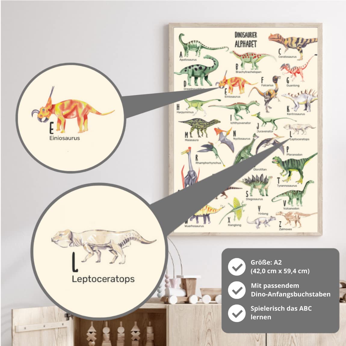 MeinBaby123® ABC Dino plakat do pokoju dziecięcego DIN A2 | plakat z dinozaurem, alfabet, plakat edukacyjny, obrazy do pokoju dziecięcego dla chłopców, dekoracja dinozaura do pokoju dziecięcego