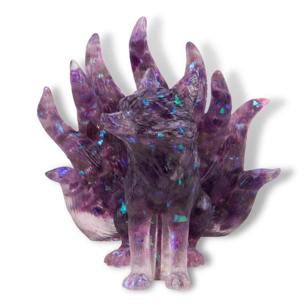 Comidox1Pcs Resin Nine-Tailed Fox Figurine Exquisite Crystal Stone Animal Fox-Shape Decor for Home Desk Car Natural Healing Fox Craft Sculpture Elegant Big Tail Fox Statue