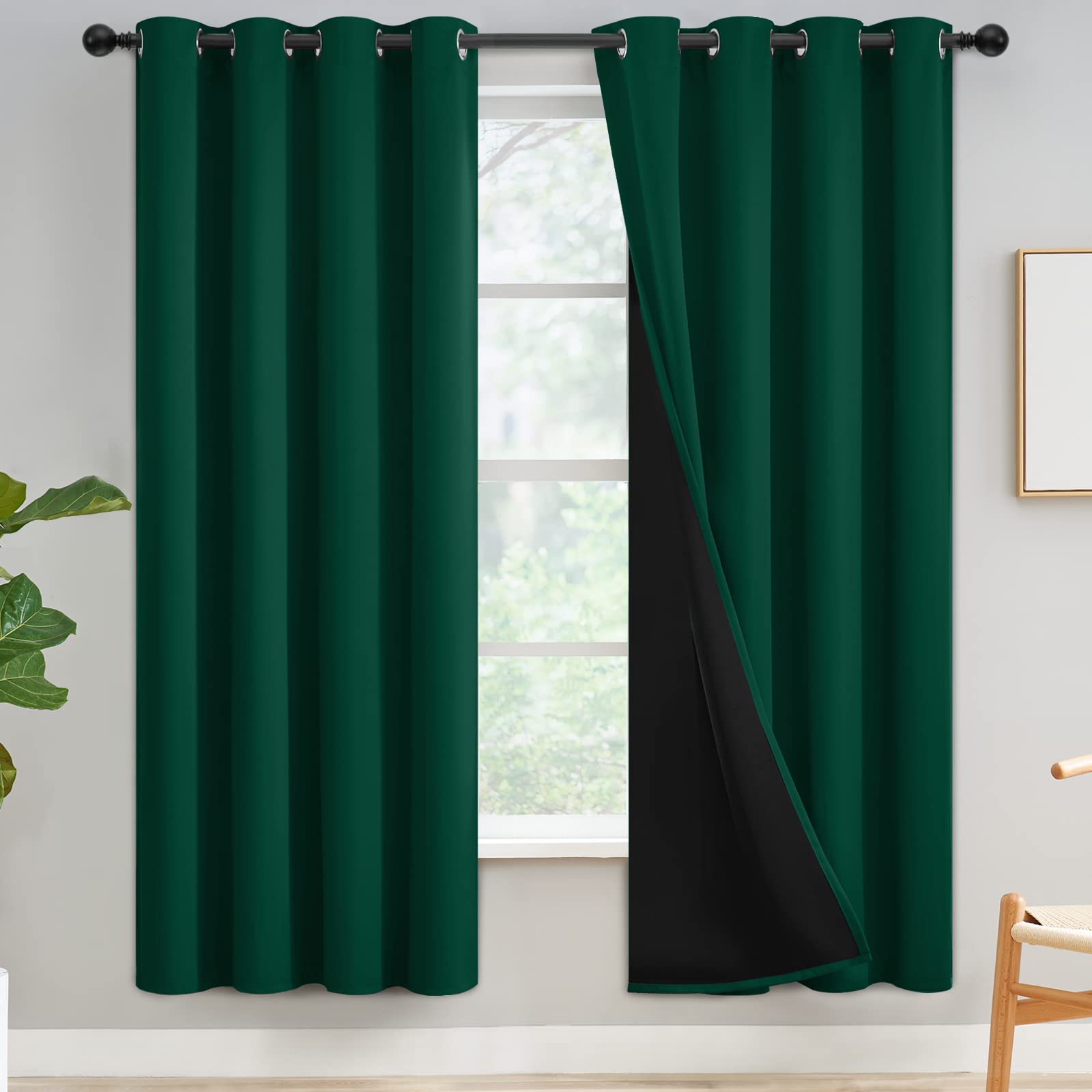 Yakamok 100% Blackout Curtains for Bedroom 72 Inch Length, Emerald Green Total Light Blocking Drapes with Black Backing, Thermal Insulated Solid