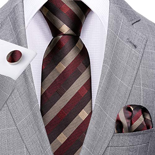 Image of Barry.Wang Plaid Ties for Men Silk Necktie Handkerchief Cuff Links Set