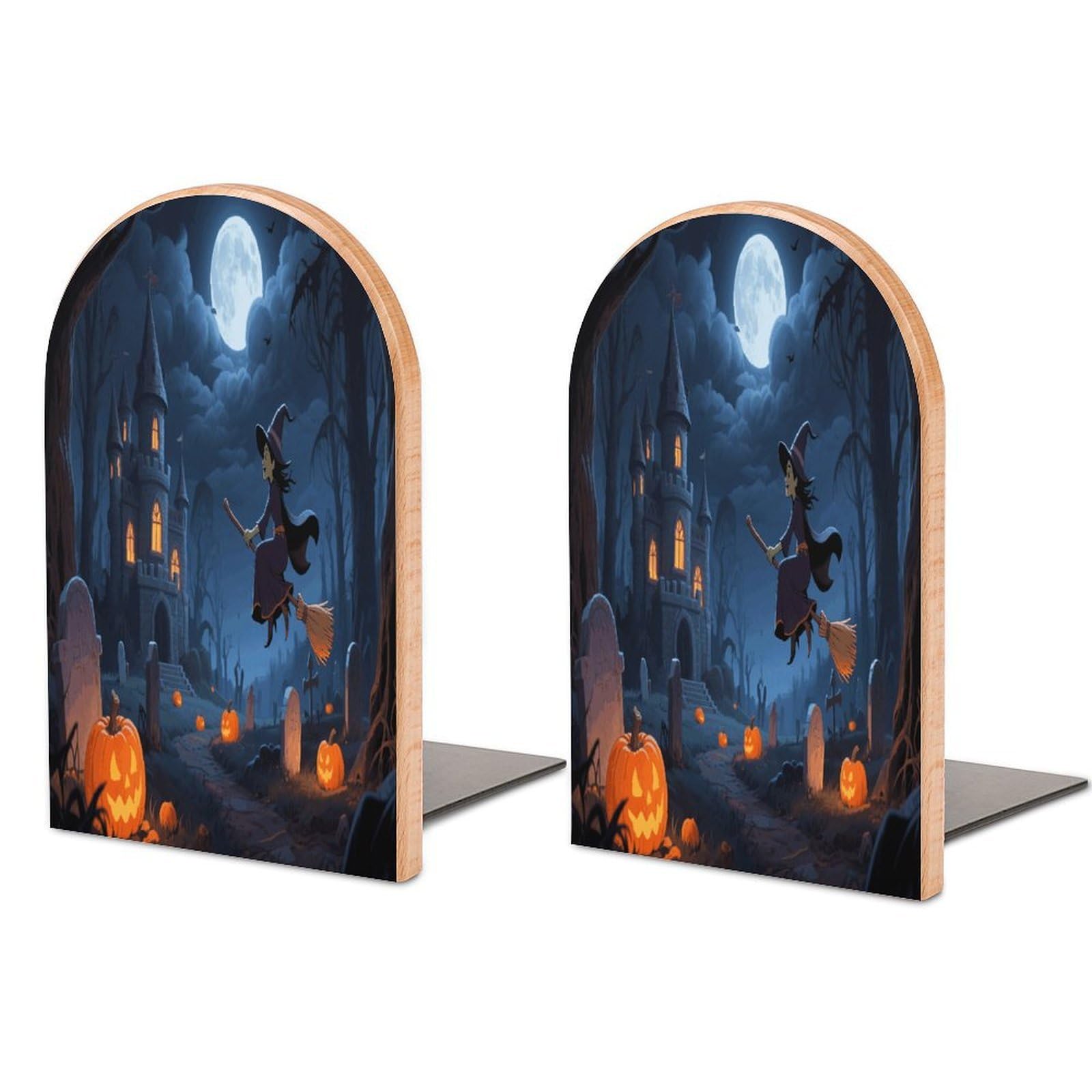 Orange Pumpkin Witch Scary Castle Bookend Modern Non-Skid Bookends Heavy Duty Wooden Book Stopper Support for Heavy Books Book Organizer for Home Office Supplies