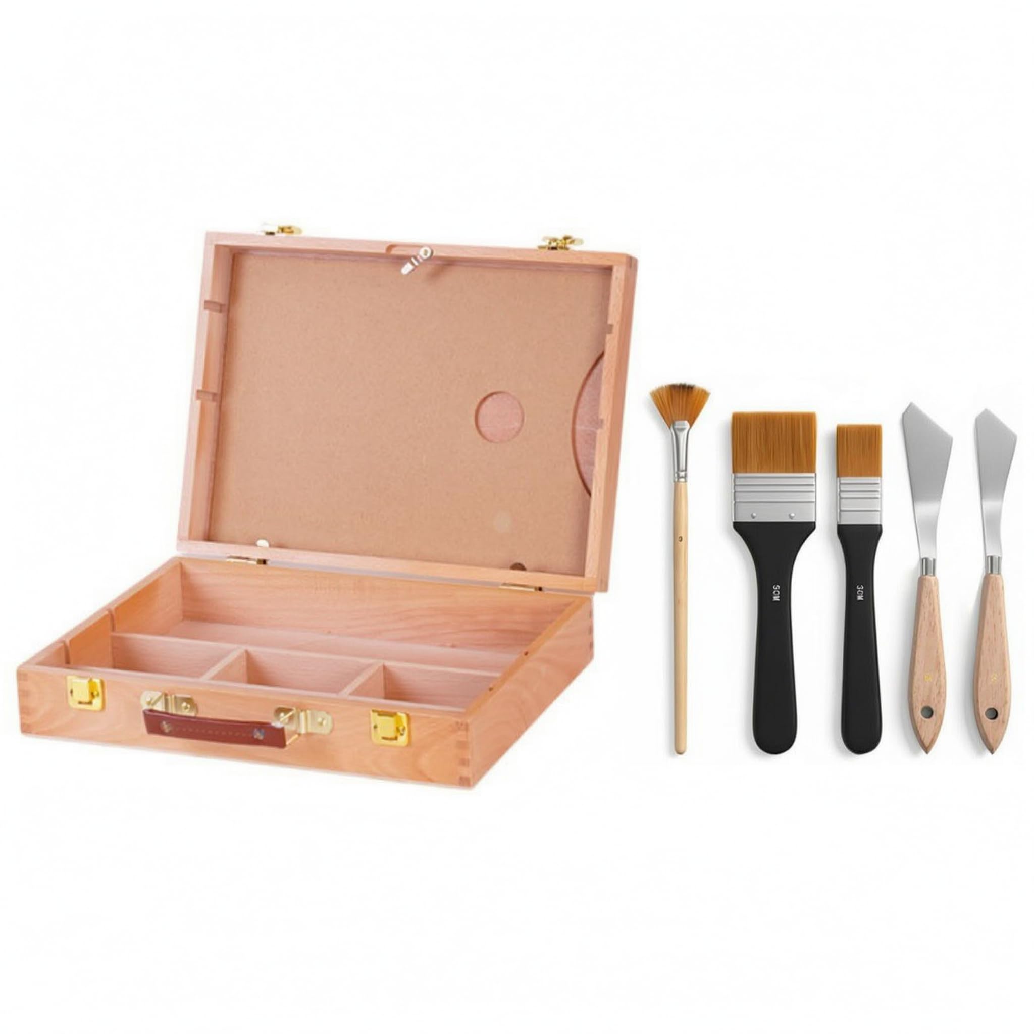 predolo Künstlerbedarf Aufbewahrungsbox aus Holz mit Abnehmbaren Einsätzen für Pinsel Und Spachtel Inklusive 5 Teiligem Set für Malkoffer Und Atelier Zubehör