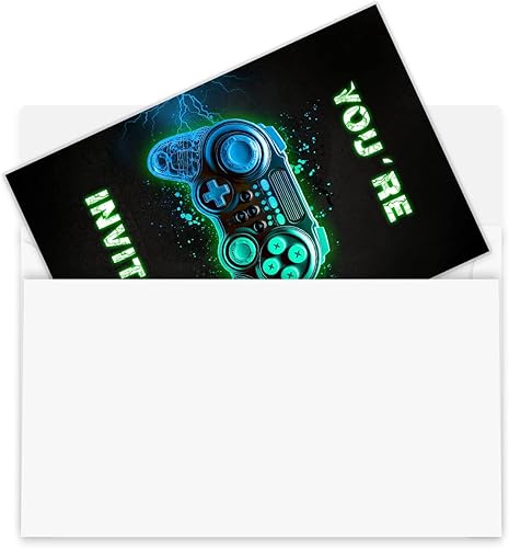 Miniatura 5 de Invitación de fiesta de cumpleaños de videojuegos, invitación de cumpleaños para niños y niñas, invitación verde y azul brillante, juegos, fiesta de