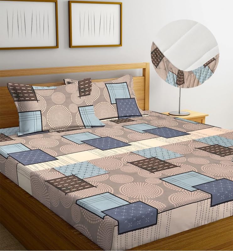 Image of la'amour 100% Cotton Elastic Fitted Bedsheets with 2 King Size Pillow Covers Double Bed with All Around Elastic Supersoft Size - 72 King Sizex78+10 inches Beige and Grey 200 tc - 220 tc