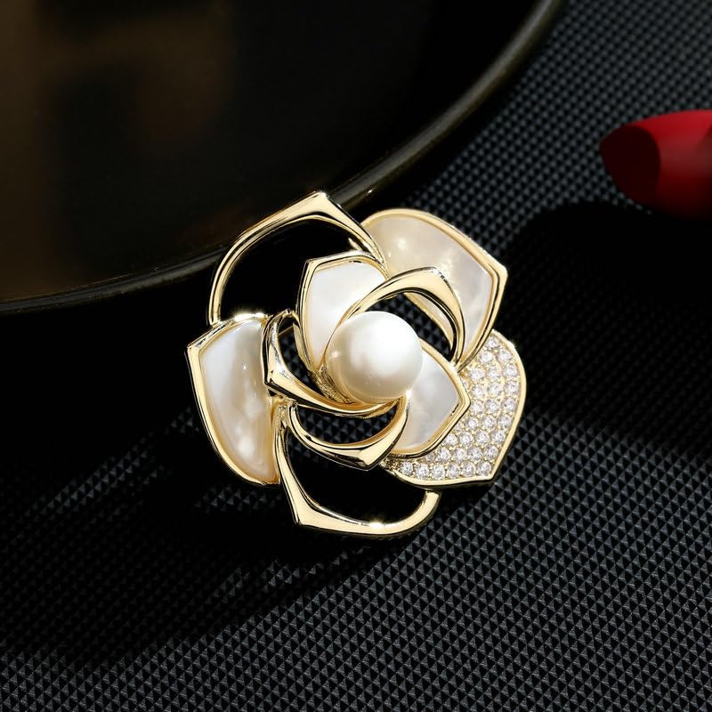 Image of Stunning 14K Gold Moissanite Camellia Brooch,With Openwork Design and Pearl Embellishments ,Ideal Shawl Buckle Accessory & Beautiful Gift