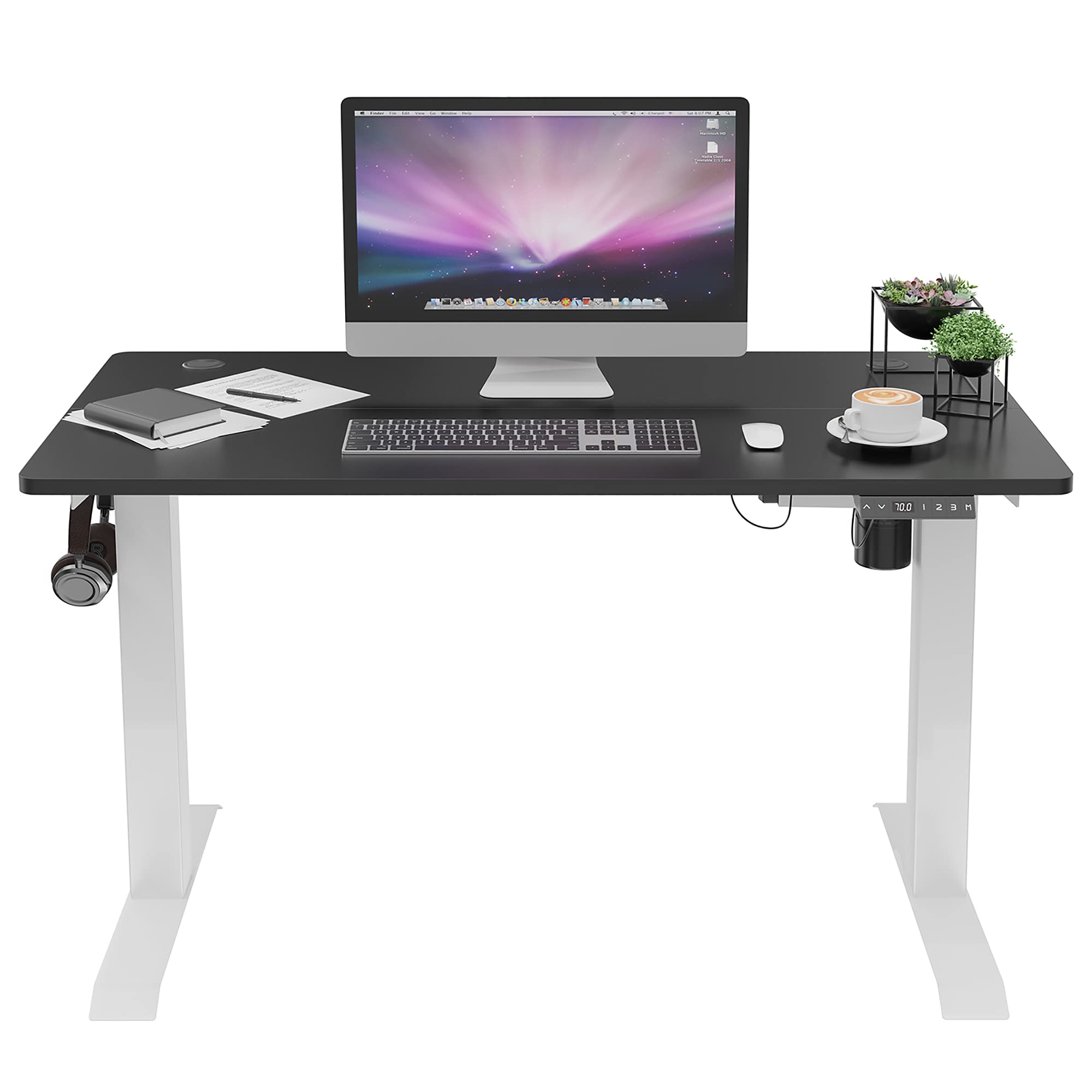 Photo 1 of Shintenchi Electric Standing Desk, 48 x 24 Inch Height Adjustable Sit Stand Desk Morder Home Office Stand Up Desk Computer Work Station with Splice Board, (White Frame + Black Top) 48X24 Black and White