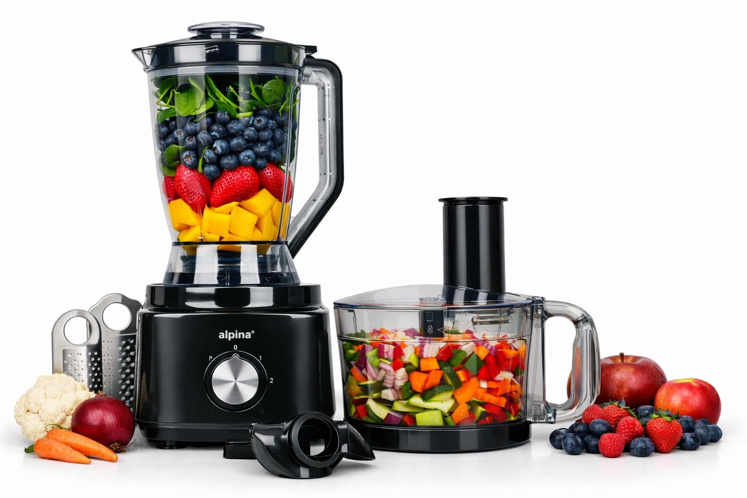 alpina FP413GS robot kuchenny - Blender Smoothie Maker 1,8 l - Procesor żywności z ostrzami tnącymi i tarczami tnącymi - rozdrabniacz elektryczny - 750 W - czarny
