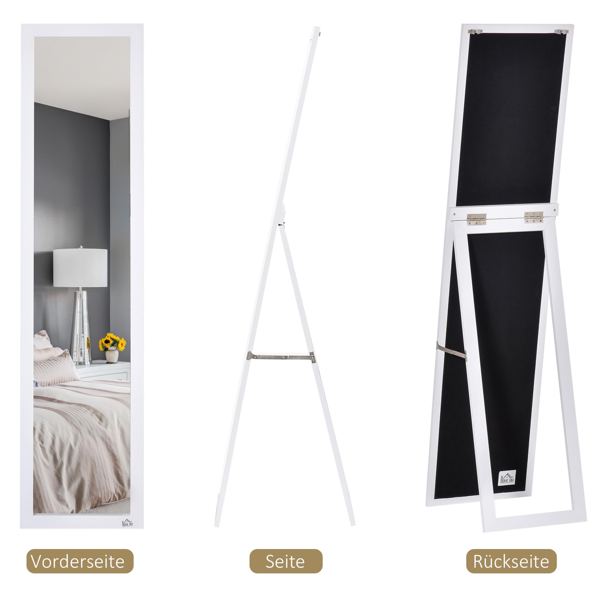 HOMCOM Ganzkörperspiegel, 154 x 37 cm Wandspiegel mit Ständer, Standspiegel für Wohnzimmer, Schlafzimmer, Weiß