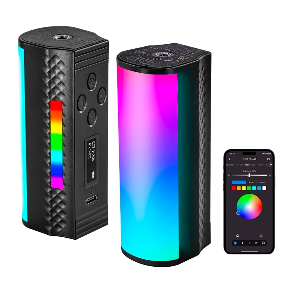 HollyWave Bastão de Luz Magnético com Controle de APP Preto, Bastão de Luz de Vídeo LED Mini RGB 360° com Bateria de 2550mAh, CRI 97 Regulável de 2500K a 8500K luz para Fotografia Vlog TikTok