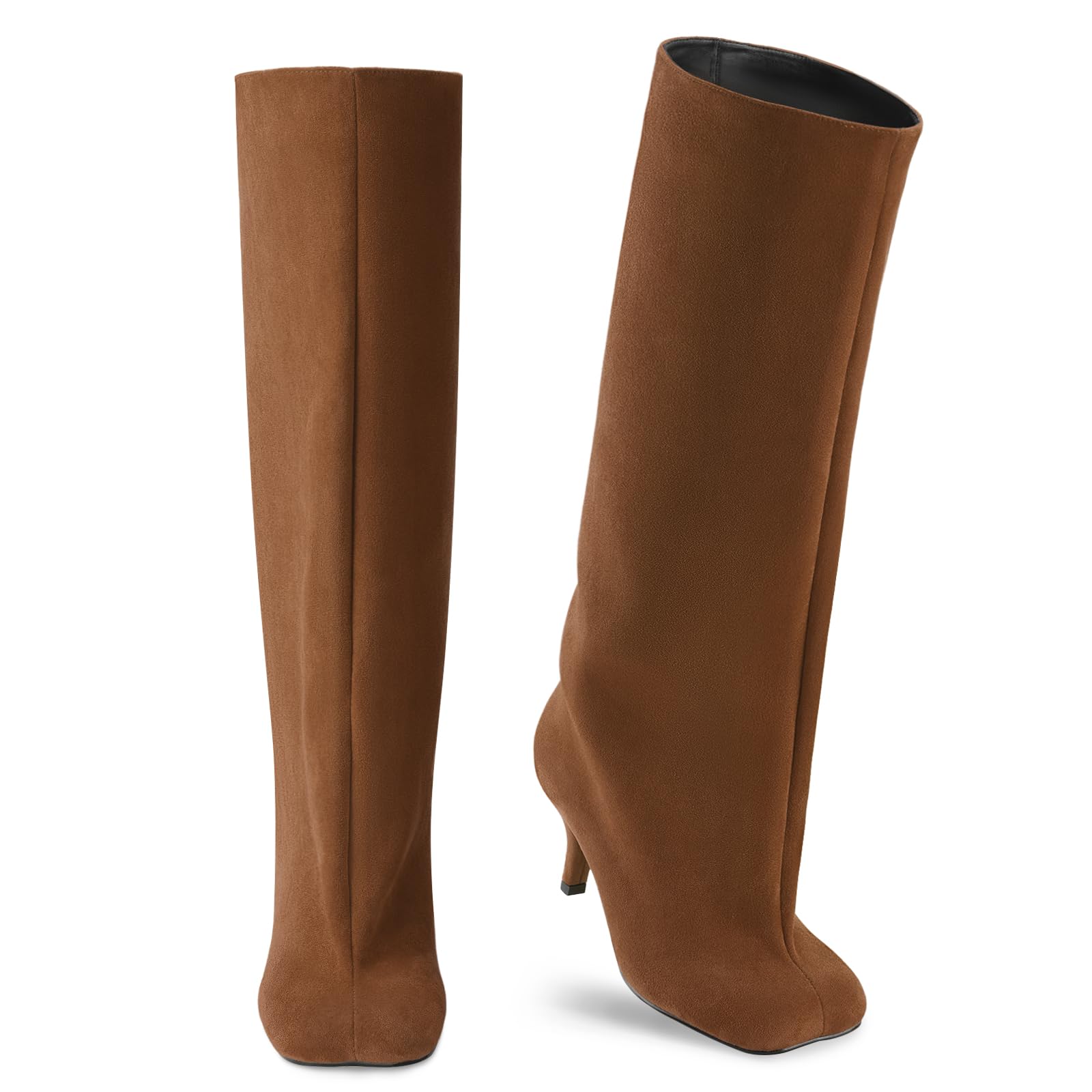 Oh Mispares Women's Nude Suede Knee High Boots - Square Toe Wide Calf Stiletto Low Heels - Fashionable Kitten Heel Pull-On Tall Winter Boots for