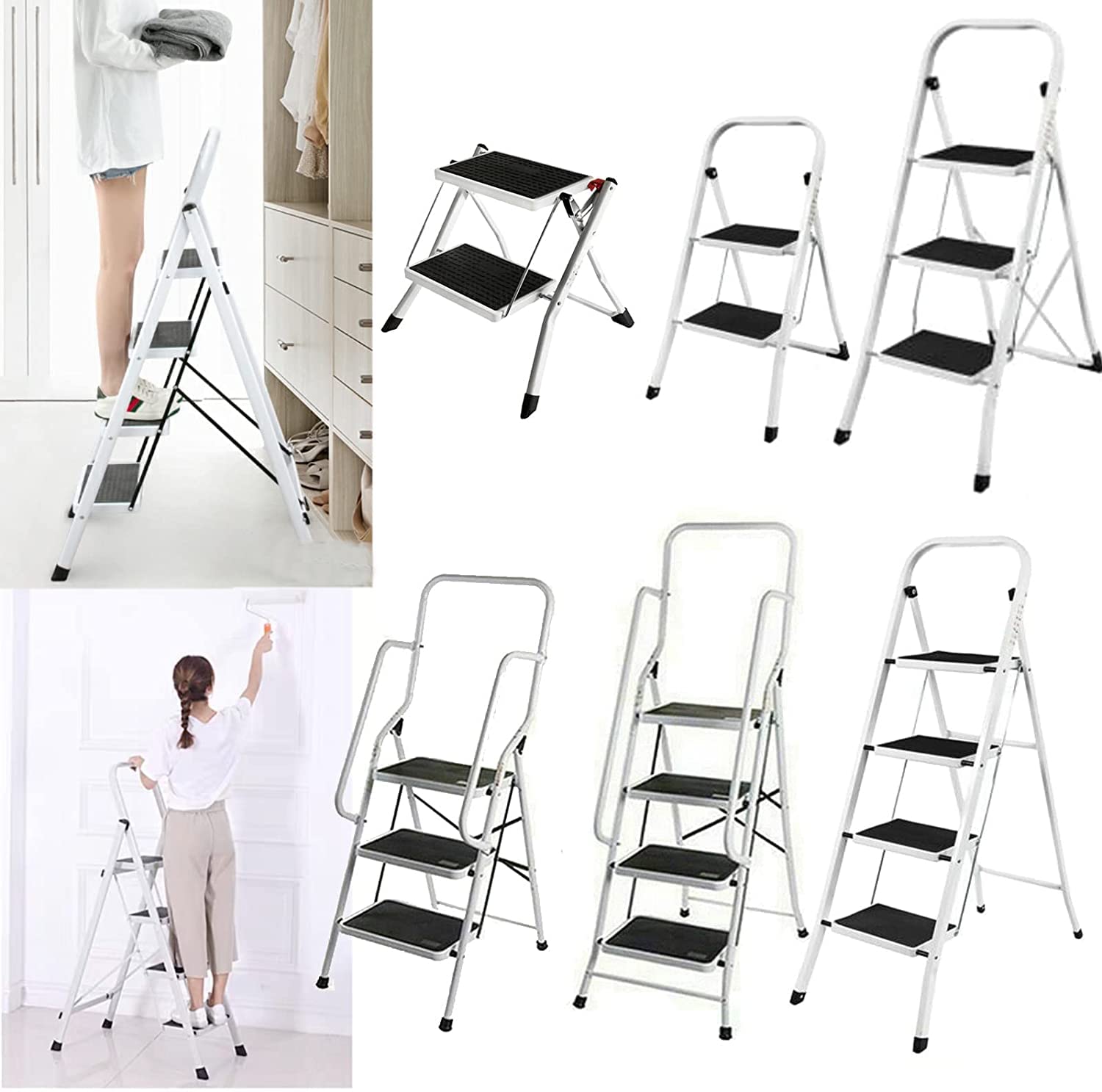 Escalera plegable de 3 peldaños, de acero aleado, con pasamanos y pies de goma antideslizantes, escalera plegable, fácil de guardar y transportar, soporta hasta 150 kg